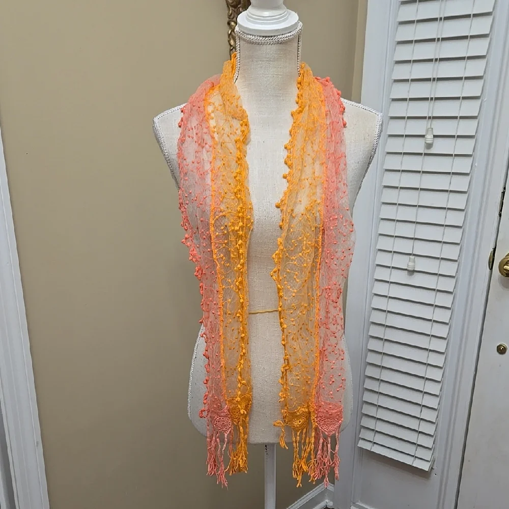 Elegant Peach Pink Sheer Lace Rectangular Scarf fringe end EUC 10